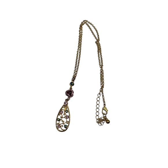 Avon Necklace Purple Rose Pendant Rhinestone Gold Tone Fashion Accessory - Picture 4 of 9